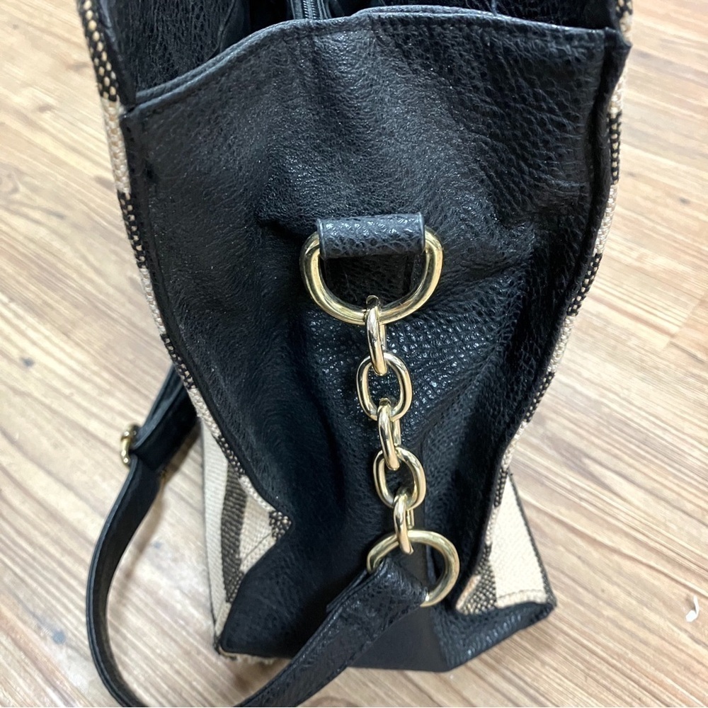 Striped Canvas Faux Leather Satchel Purse Adjustable Strap Double Handles Pocket - Picture 7 of 13